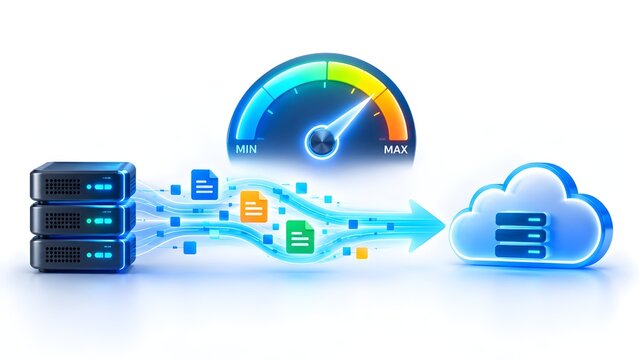 3D concept of fast cloud computing data migration and server storage transfer speed