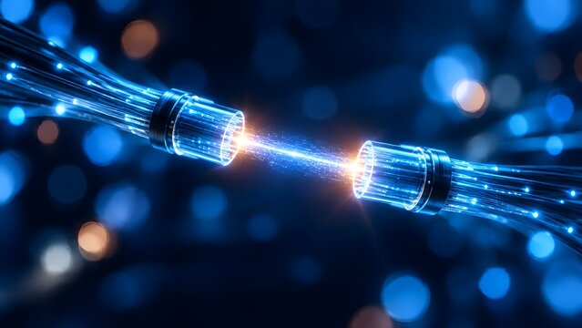 Two fiber optic cables connecting with bright light sparks in the gap showing high speed data transfer and digital communication technology