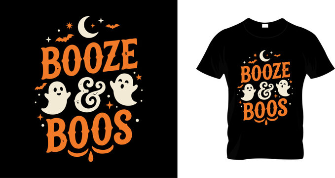 Booze and boos halloween tshirt design with cute ghosts and bats