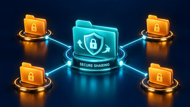 Secure sharing network concept with glowing teal folder and orange folders connected by glowing lines