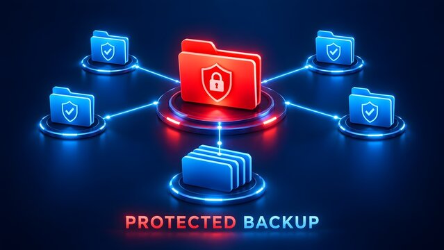 Protected backup concept with glowing red locked folder connected to blue folders on dark background