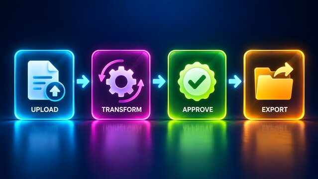 Glowing digital flowchart displaying upload transform approve and export steps representing data conversion software integration and file management.