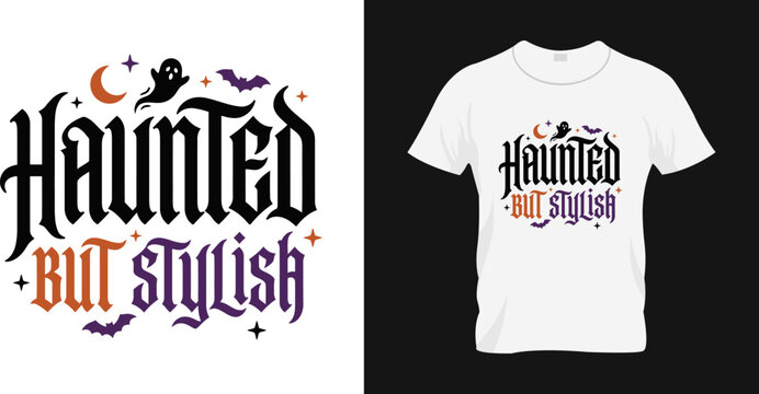 Haunted but stylish halloween tshirt design with ghost and bat graphics