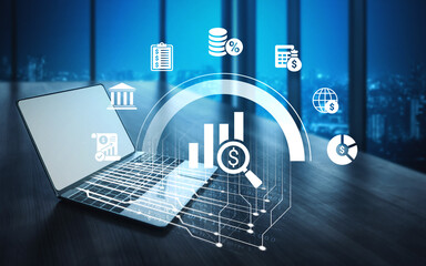Fototapeta premium A modern laptop displays digital finance graphics, highlighting growth and data analysis in an office setting with a city skyline at night, symbolizing business success and strategy. Ledger