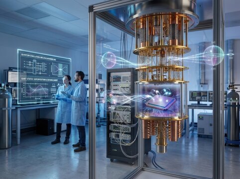 Quantum Computer Lab with Researchers and Cryogenic Processor