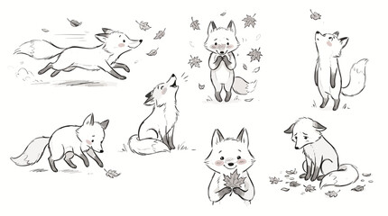 Obraz premium Cute little fox sketch set featuring playful foxes running sitting howling standing and playing with autumn leaves vector illustration