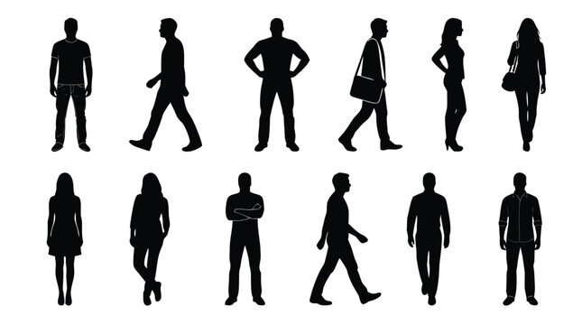 Standing and walking people silhouettes set featuring men and women standing walking with bag crossed arms full body entourage vector illustration