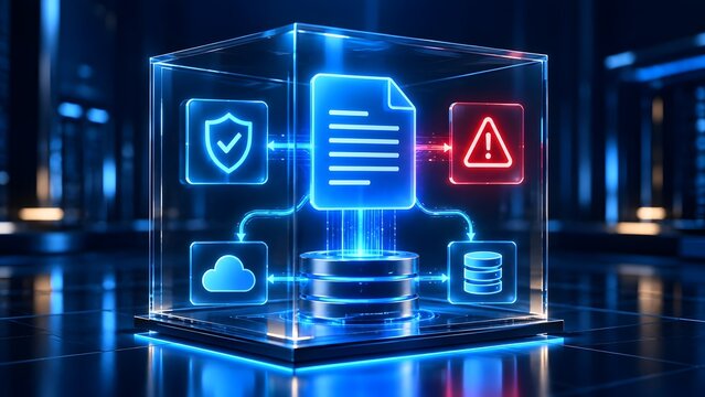 Digital data flow visualization with security warning cloud and database icons connected to a central document icon representing data management and system processes in a futuristic environment.