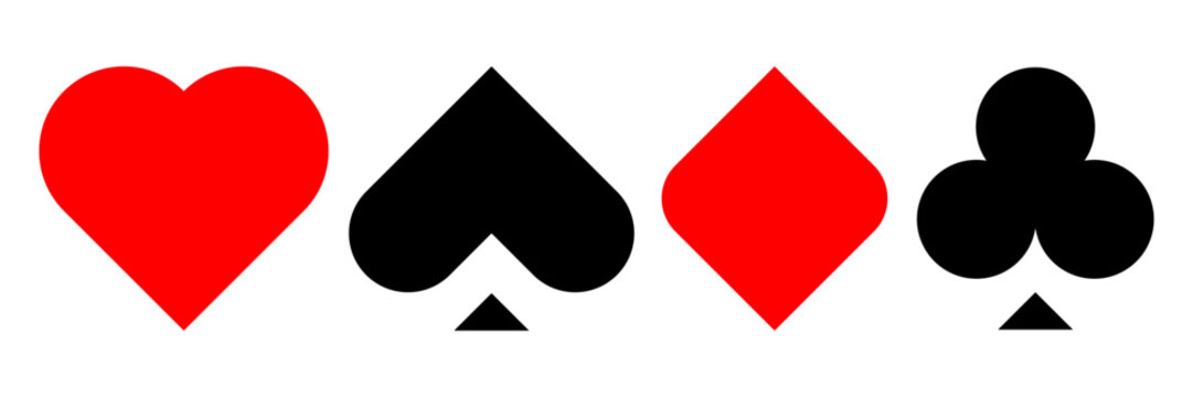 Modern Poker Card Suits - hearts, clubs, spades and diamonds. Unique modern geometric symbols. Casino gambling theme vector illustration. Black and red simple silhouette flat shapes.