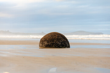 A view of one spherical rock at Moeraki Boulders Beach, New Zealand. © AlexandraDaryl