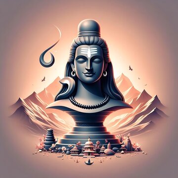 Lord Shiva bust sculpted with serene expression against a warm sunset mountain backdrop and spiritual village elements