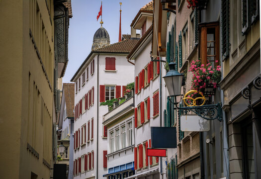 Historic old town street with traditional architecture in Zurich, Switzerland