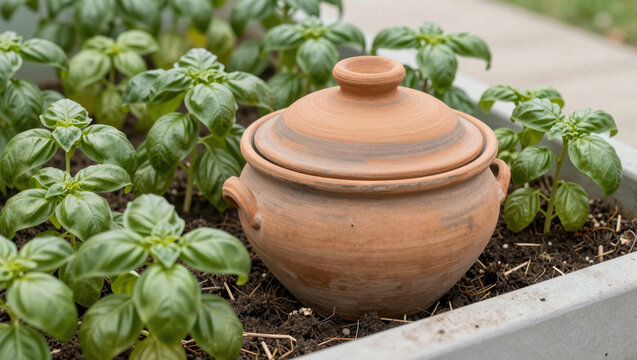 Terracotta olla watering pot among basil plants