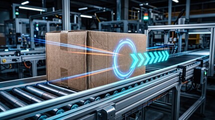 Fototapeta premium a cardboard package box moving on an automated roller conveyor with digital light arrow graphics