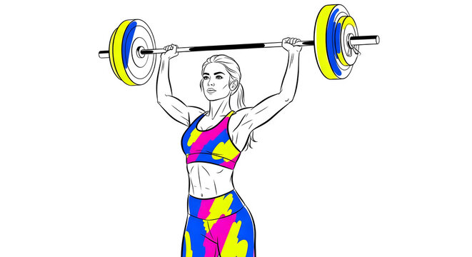 Female weightlifter performing clean and jerk exercise illustration isolated on transparent background