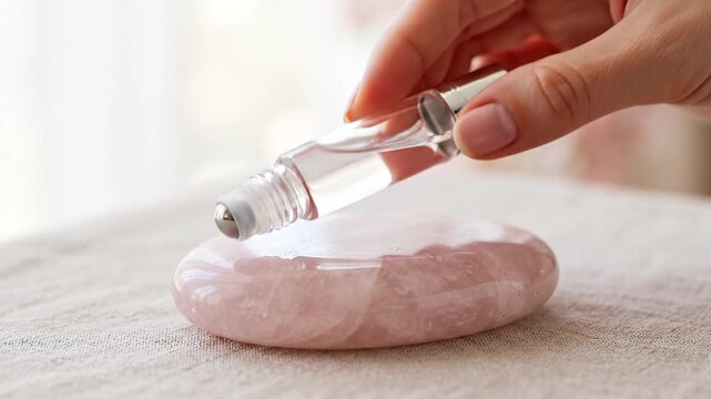 Close up of a hand holding a roller bottle over a rose quartz gua sha stone.