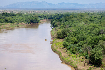 Obraz premium High angle view of the Omo River in Ethiopia near where it empties into Lake Turkana, Kenya