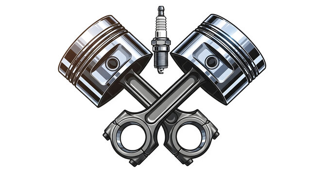 Detailed engine pistons and spark plug illustration isolated on transparent background