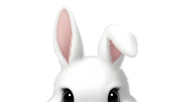 Adorable white rabbit head closeup with pink inner ears isolated on transparent background