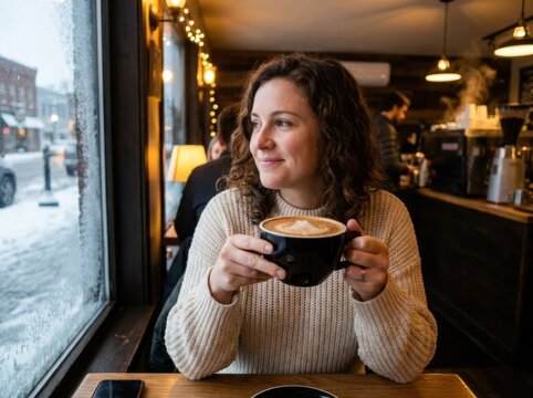 Latte pause in a cozy cafe as a woman enjoys winter coffee by the window