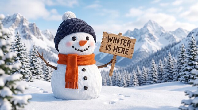 Snowman announces winter arrival in snowy mountain landscape with copy space for text overlay
