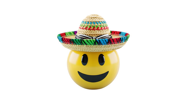 Happy smiley face wearing traditional mexican sombrero isolated on transparent background