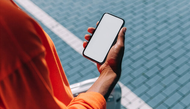 Hand holding smartphone with blank screen mockup outdoors