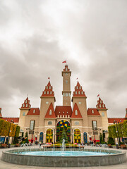 Architectural view of Dream Island theme park main castle building with fountain in Moscow, Russia © LemPro Filming Life