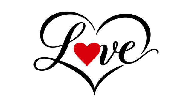 Calligraphy Love typography heart shape, romantic Valentine calligraphy art design, black and red heart symbol concept