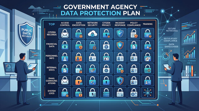 Government Agency Data Protection Plan Infographic with Security Grid and Cyber Security Compliance Procedures