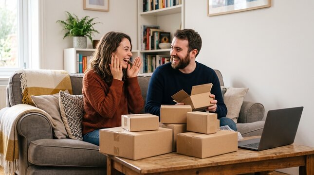 A happy couple sitting on a sofa and reacting with excitement after opening their online parcels
