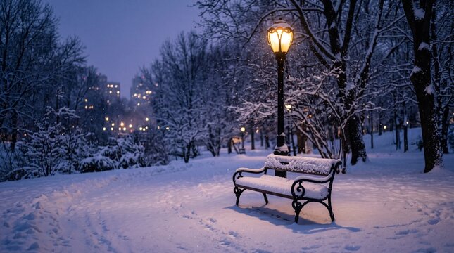 A serene snow covered park bench illuminated by a glowing streetlamp during a quiet winter dusk
