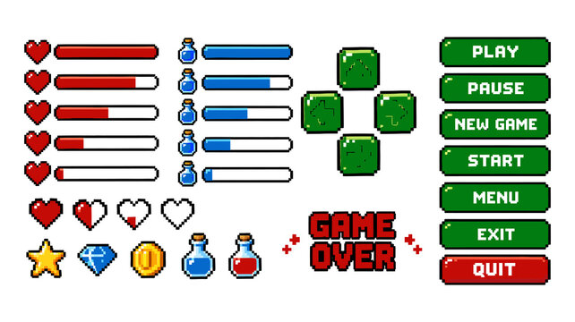 Pixel art game user interface set, retro 8-bit video game ui design elements, arcade status health bars buttons and game over icon assets