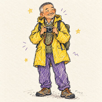 Older photographer with camera in colorful hand drawn doodle style