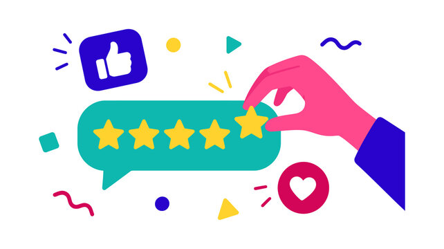 Customer review rating concept with hand placing five stars, customer feedback testimonial illustration, positive feedback and user experience design