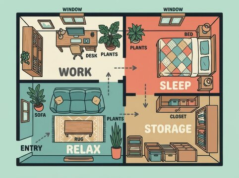 Home layout illustration with work sleep relax and storage zones