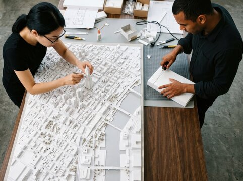 Urban design maquette with architects building a white city model