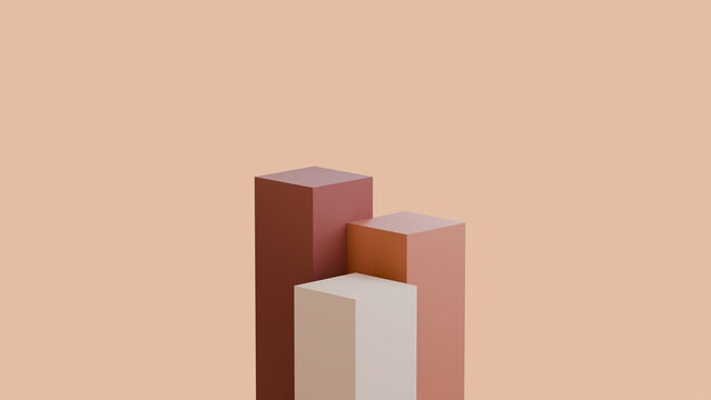 Three geometric cubes of varying heights in staggered formation on plain beige backdrop, terracotta, reddish-brown, and white tones, minimal 3D render, soft shadows.