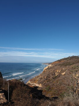 Panoramic View of Coastal Bluffs and Ocean Under Clear Sky