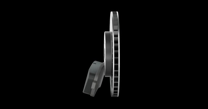Brake disc and brake pad rotation animation seamlessly loopable. 3D rendering isolated on transparent background
