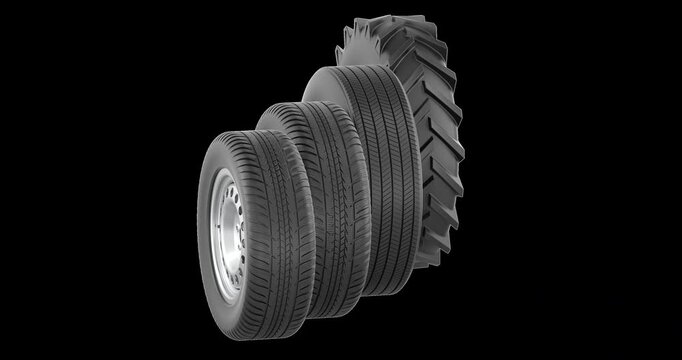 Wheels of various types and sizes rotation animation seamlessly loopable. 3D rendering isolated on transparent background