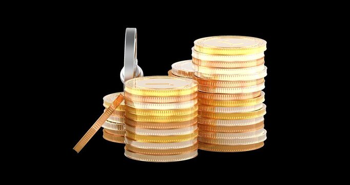 Silver key with stacks of gold coins rotation animation seamlessly loopable. 3D rendering isolated on transparent background
