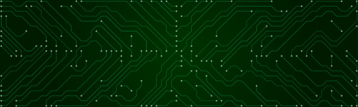 Dark green circuit board pattern featuring intricate lines and nodes forming a symmetrical electronic pathway, technology backgrounds and digital infrastructure interface concepts