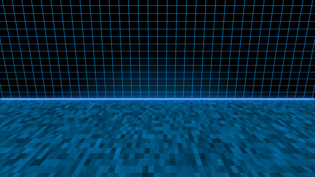 Blue Neon Grid Floor and Wall in Perspective on Black image photo