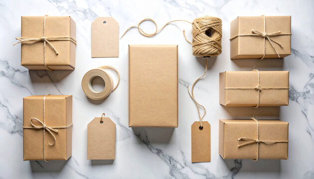 Brown paper wrapped gift boxes with twine and tags arranged on a marble surface