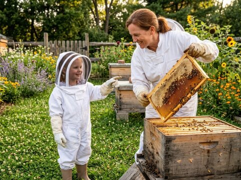 Sustainable beekeeping education with beekeeper and child inspecting hive