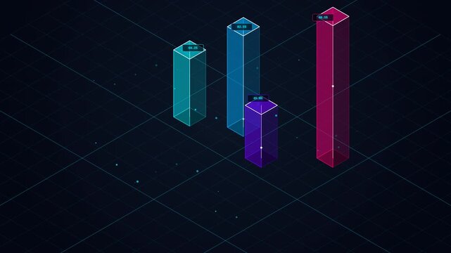 Futuristic 3D isometric bar chart animation with all sides rendered, glowing neon data towers, hologram percentages, and dynamic cyber grid background.