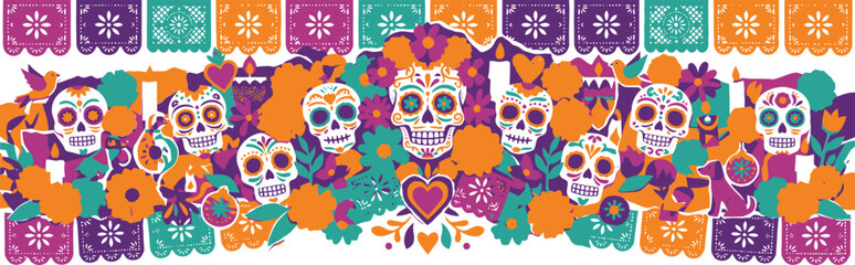 Fototapeta premium Mexican Day of the Dead Sugar Skull Border Vector, Dia de los Muertos Banner, Colorful Papel Picado Garland Graphic