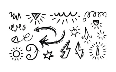 Fototapeta premium Hand Drawn Doodle Set Featuring Arrows, Stars, Lightning Bolts, and Sunbursts in Sketchy Vector Style