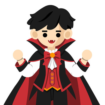 Cute cartoon boy in vampire Dracula costume with cape for Halloween, flat vector illustration